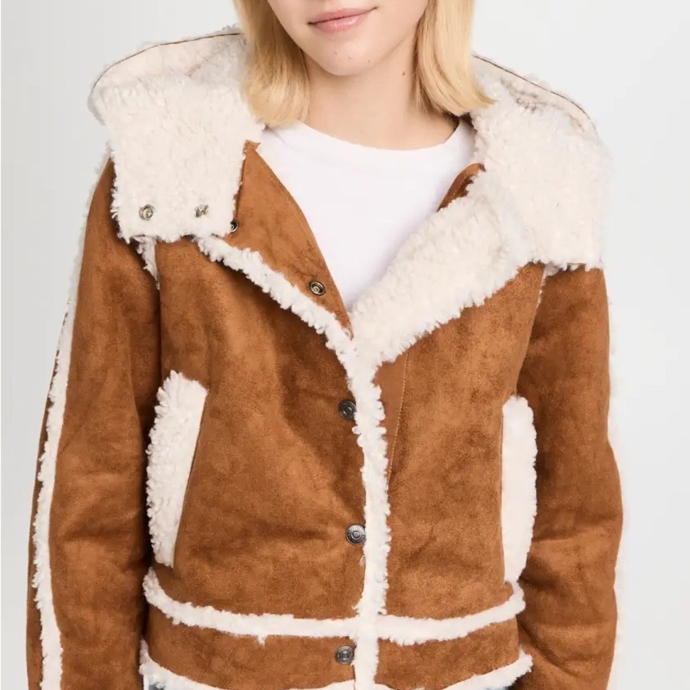 Free People Faux Shearling Leather Jacket in Chestnut Brown and Ivory